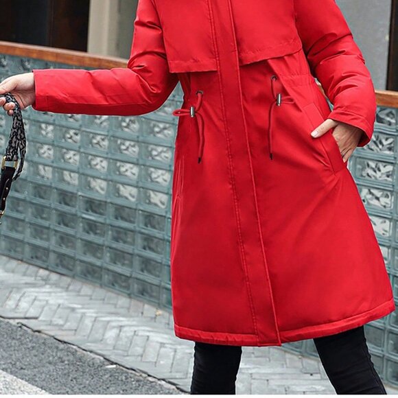 Red Casual Women's Mid-Length Slim Fit Down Jacket with Elastic Waist - Picture 3 of 4